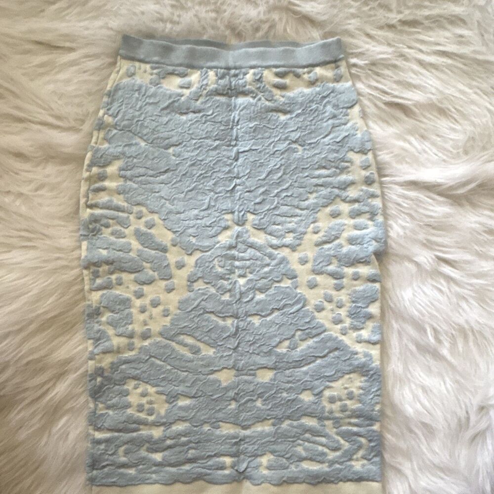 Lucy Paris Womens Pencil Skirt M Blue Beige Abstract Textured Stretch 501